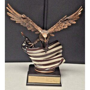 Flying Bald Eagle With American Flag Bronze Electroplated Figurine With Base